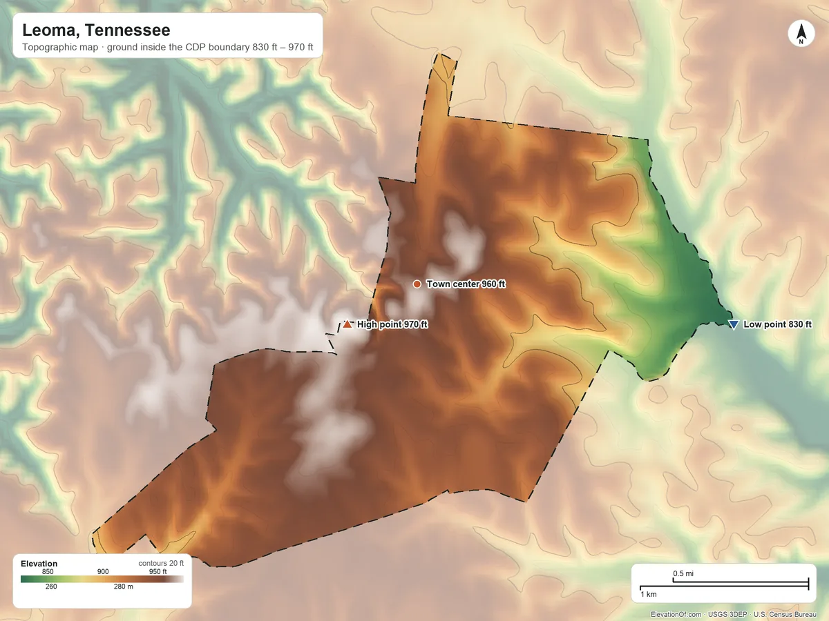 Topographic elevation map of Leoma, Tennessee, shaded from 830 ft on the east side to 970 ft near the middle