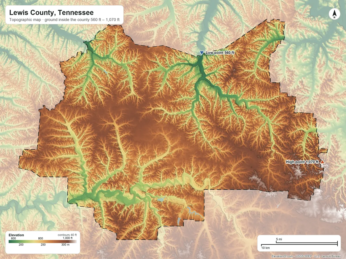 Topographic elevation map of Lewis County, Tennessee, shaded from 560 ft on the north side to 1,070 ft on the east side
