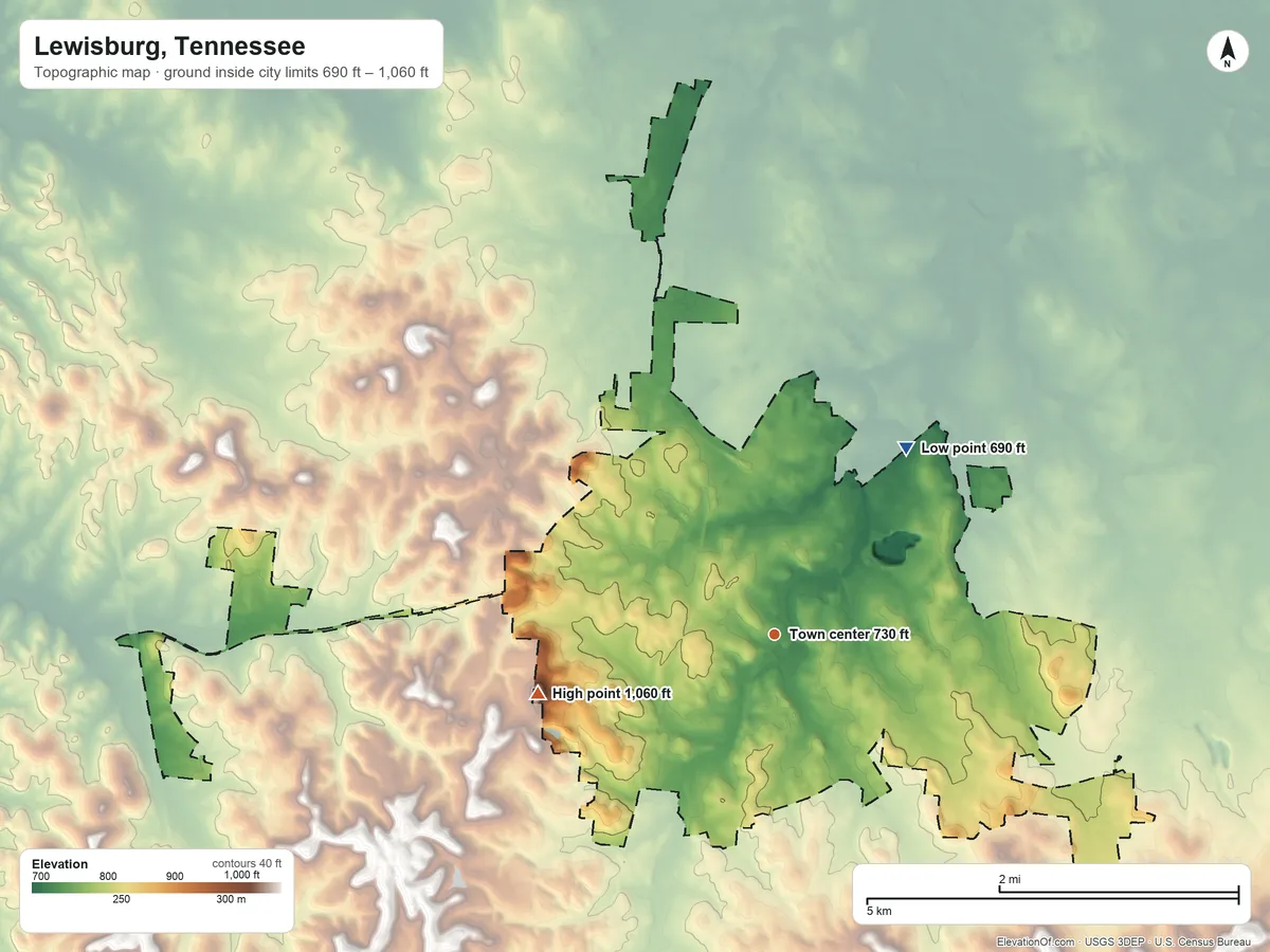 Topographic elevation map of Lewisburg, Tennessee, shaded from 690 ft on the northeast side to 1,060 ft on the west side