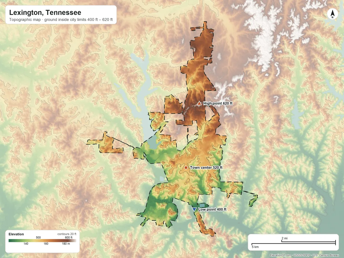 Topographic elevation map of Lexington, Tennessee, shaded from 400 ft on the south side to 620 ft on the north side