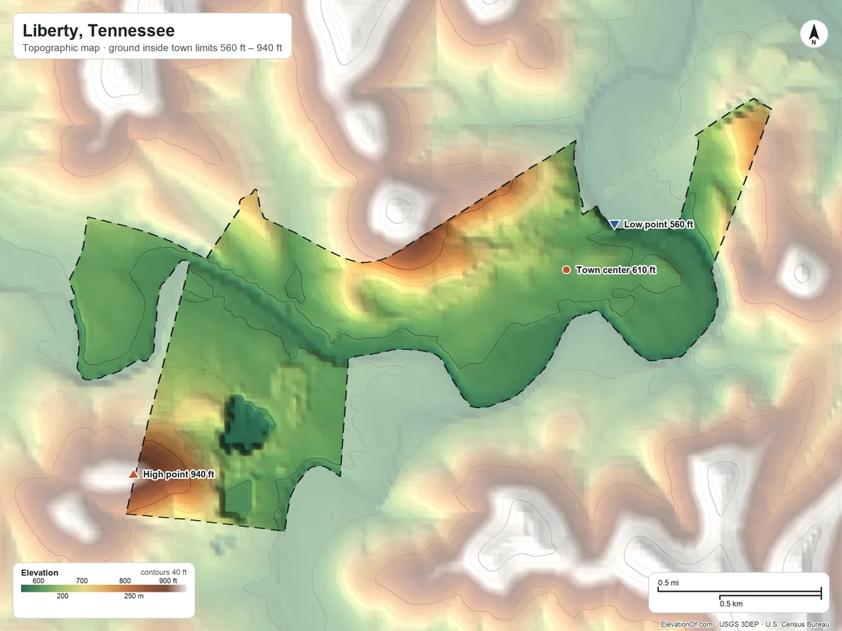 Topographic elevation map of Liberty, Tennessee, shaded from 560 ft near the middle to 940 ft on the southwest side