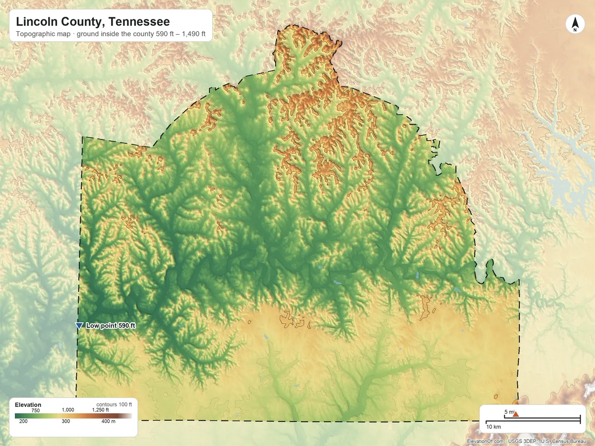 Topographic elevation map of Lincoln County, Tennessee, shaded from 590 ft on the southwest side to 1,490 ft on Stovall Mountain