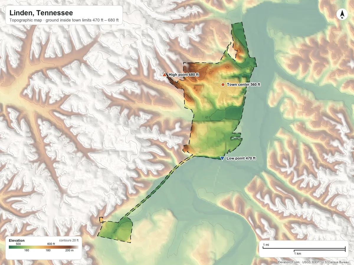 Topographic elevation map of Linden, Tennessee, shaded from 470 ft on the south side to 680 ft on the west side