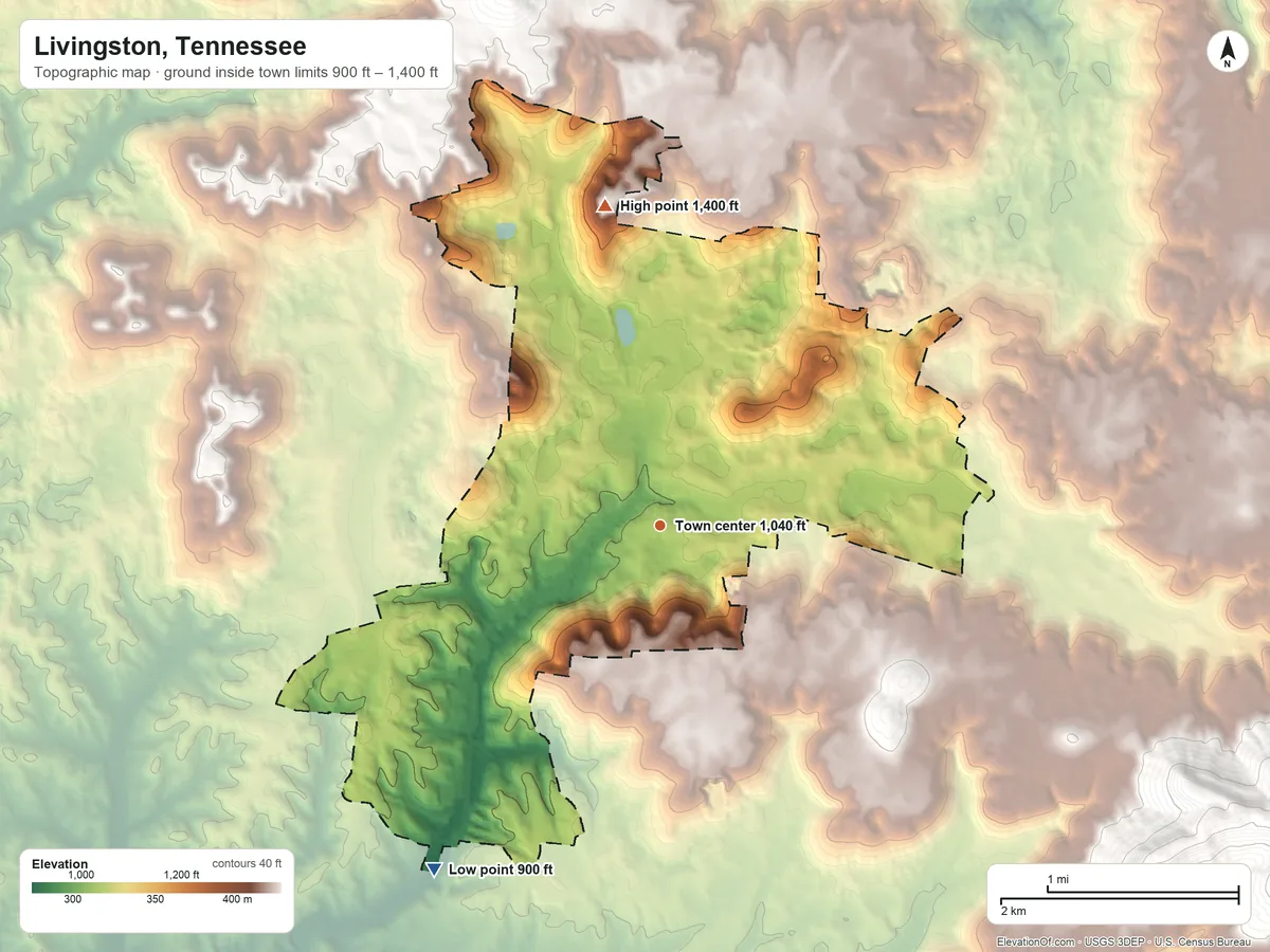 Topographic elevation map of Livingston, Tennessee, shaded from 900 ft on the southwest side to 1,400 ft on the north side