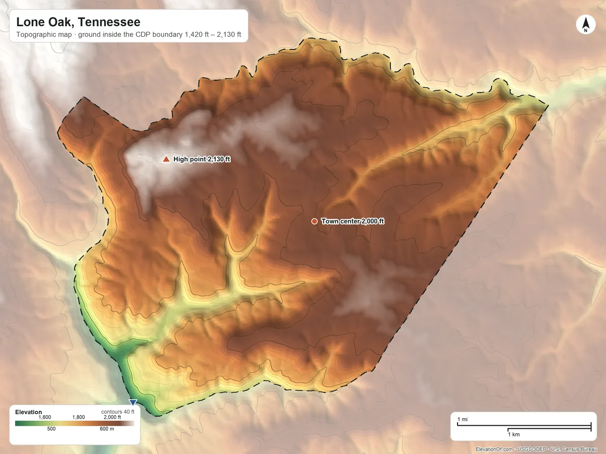 Topographic elevation map of Lone Oak, Tennessee, shaded from 1,420 ft on the southwest side to 2,130 ft on the northwest side