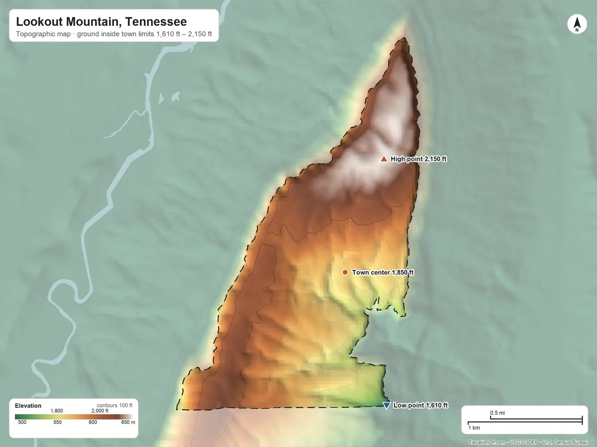 Topographic elevation map of Lookout Mountain, Tennessee, shaded from 1,610 ft on the south side to 2,150 ft on the north side