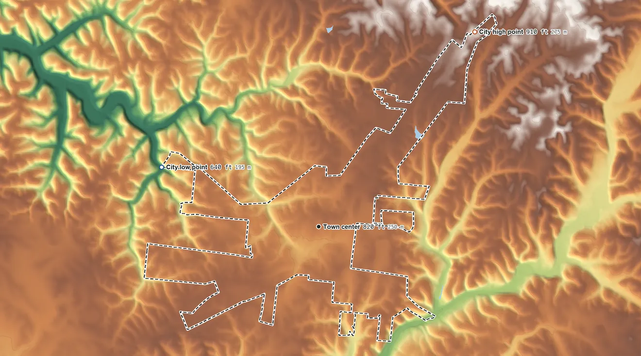 Topographic elevation map of Loretto, Tennessee, shaded from 640 ft on the west side to 910 ft on the northeast side