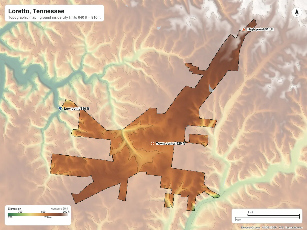 Topographic elevation map of Loretto, Tennessee, shaded from 640 ft on the west side to 910 ft on the northeast side