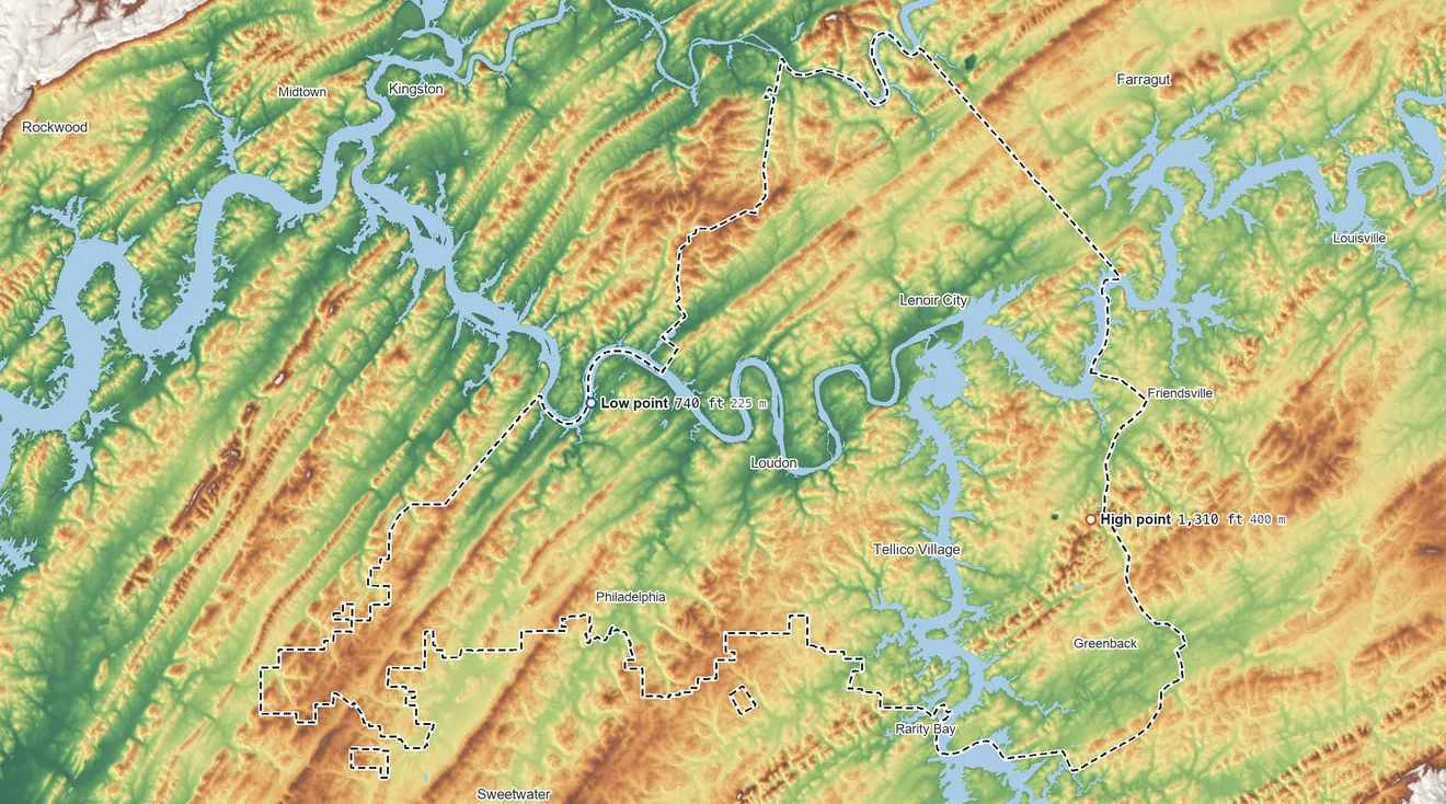 Topographic elevation map of Loudon County, Tennessee, shaded from 740 ft on the west side to 1,310 ft on Alexander Knob