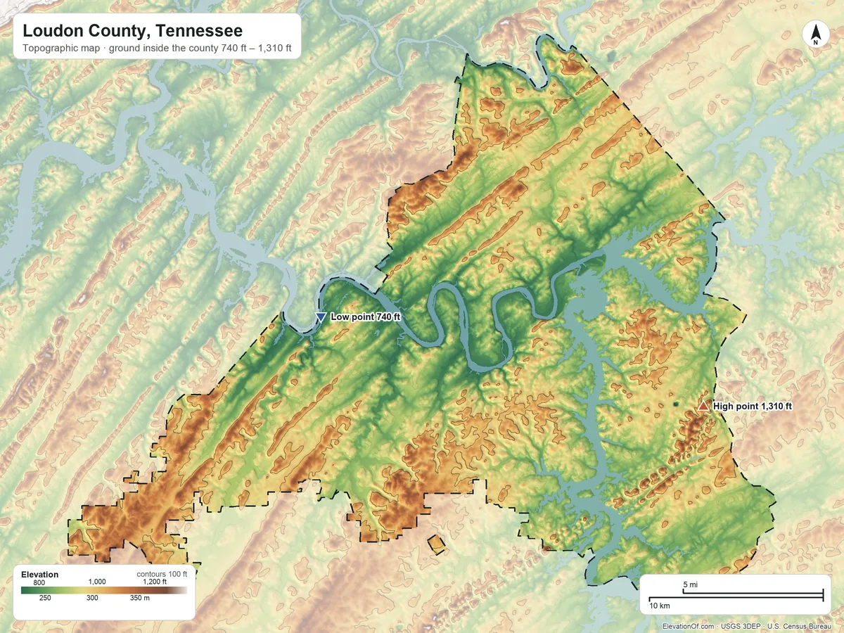 Topographic elevation map of Loudon County, Tennessee, shaded from 740 ft on the west side to 1,310 ft on Alexander Knob