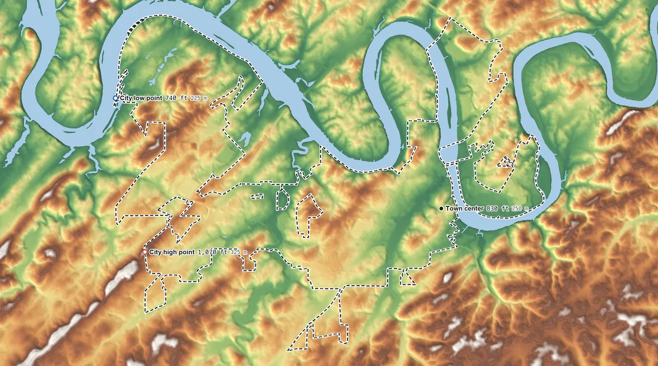 Topographic elevation map of Loudon, Tennessee, shaded from 740 ft on the west side to 1,070 ft on the west side