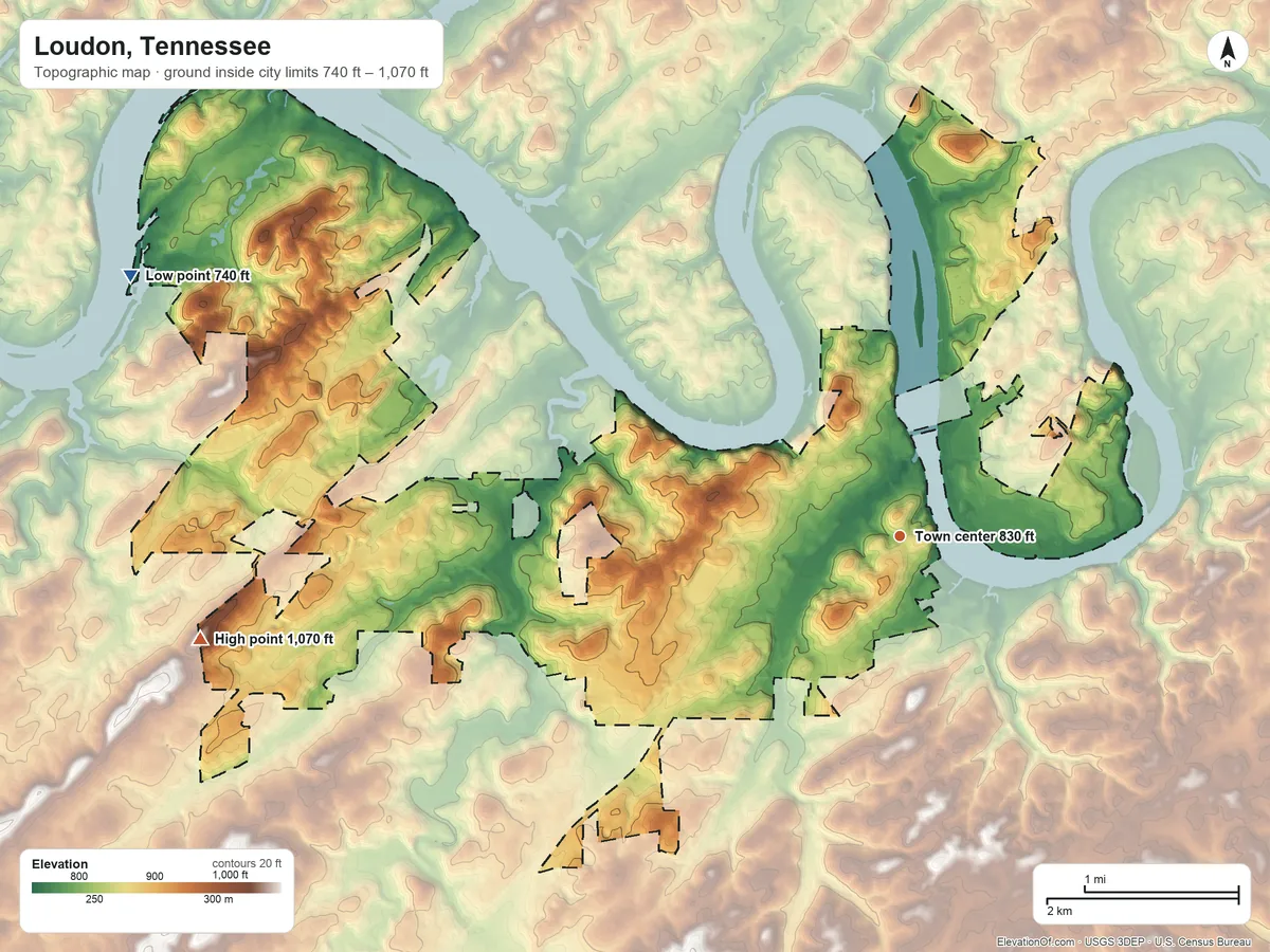 Topographic elevation map of Loudon, Tennessee, shaded from 740 ft on the west side to 1,070 ft on the west side
