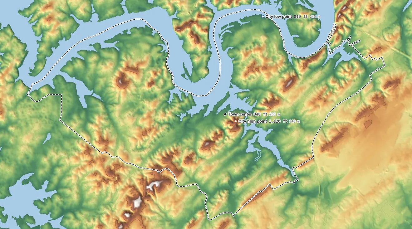 Topographic elevation map of Louisville, Tennessee, shaded from 810 ft on the north side to 1,120 ft on Logan Hill