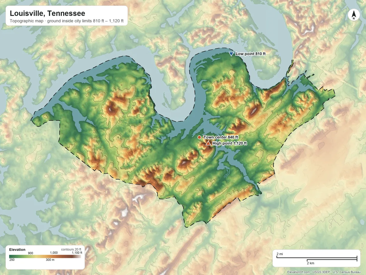 Topographic elevation map of Louisville, Tennessee, shaded from 810 ft on the north side to 1,120 ft on Logan Hill