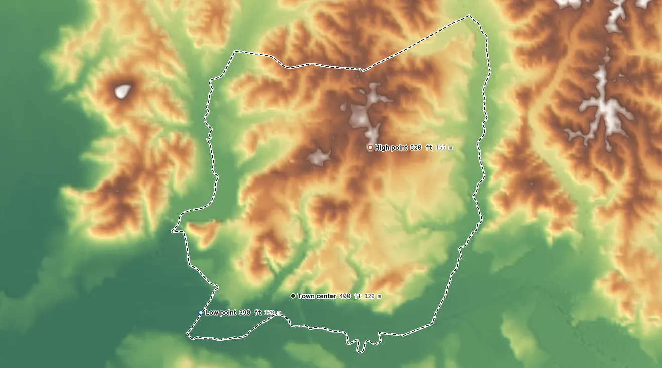 Topographic elevation map of Luray, Tennessee, shaded from 390 ft on the west side to 520 ft on the northeast side