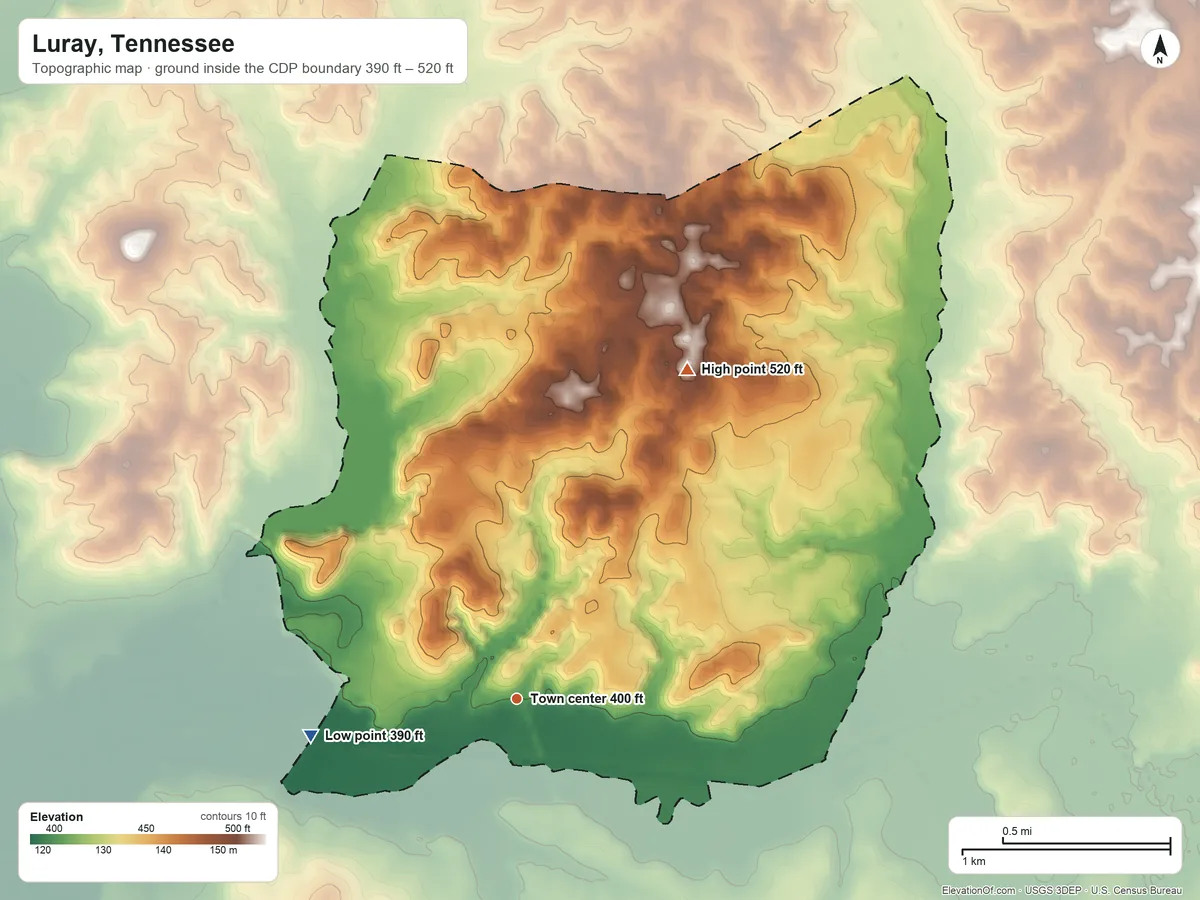 Topographic elevation map of Luray, Tennessee, shaded from 390 ft on the west side to 520 ft on the northeast side