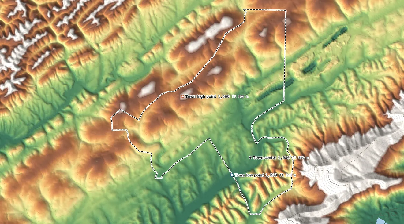Topographic elevation map of Luttrell, Tennessee, shaded from 1,030 ft near the middle to 1,560 ft on the northwest side