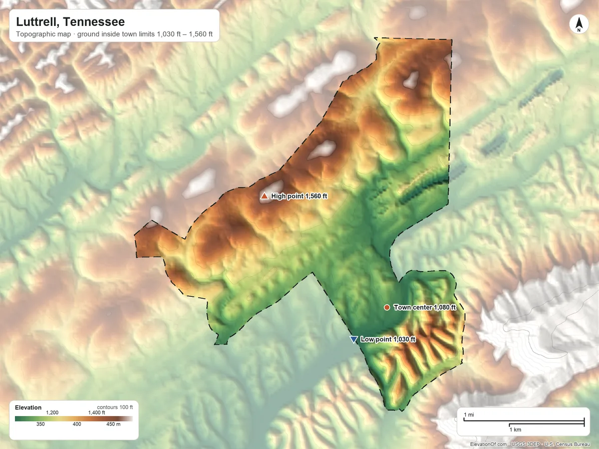 Topographic elevation map of Luttrell, Tennessee, shaded from 1,030 ft near the middle to 1,560 ft on the northwest side