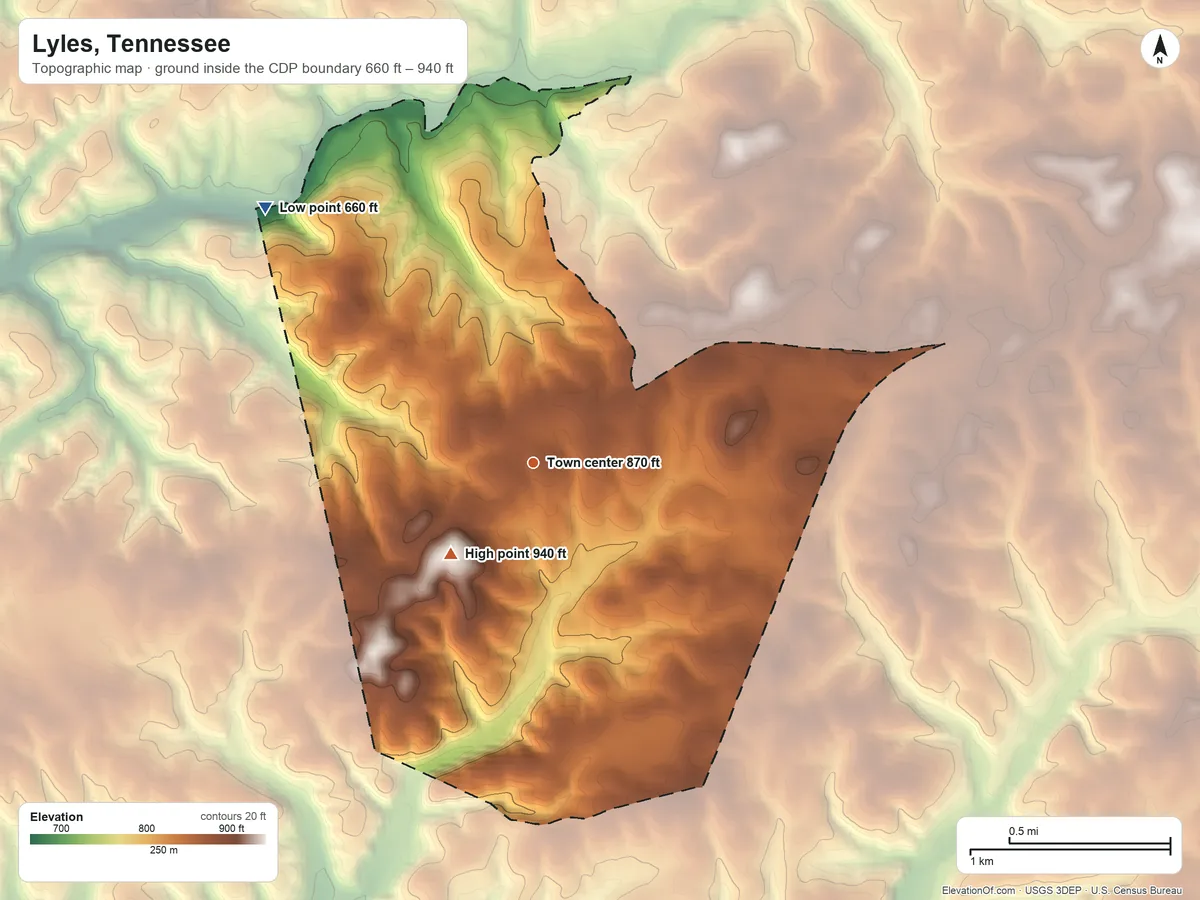 Topographic elevation map of Lyles, Tennessee, shaded from 660 ft on the northwest side to 940 ft on the southwest side