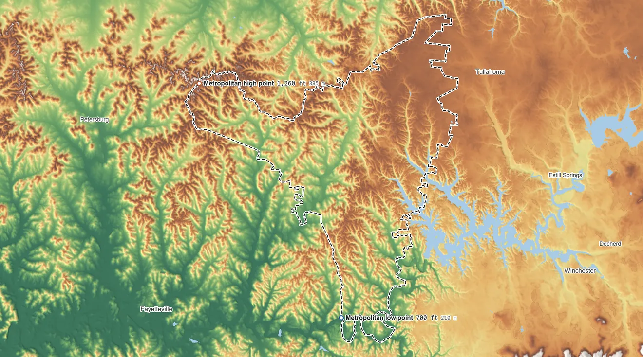 Topographic elevation map of Lynchburg, Moore County, Tennessee, shaded from 700 ft on the south side to 1,260 ft on the west side