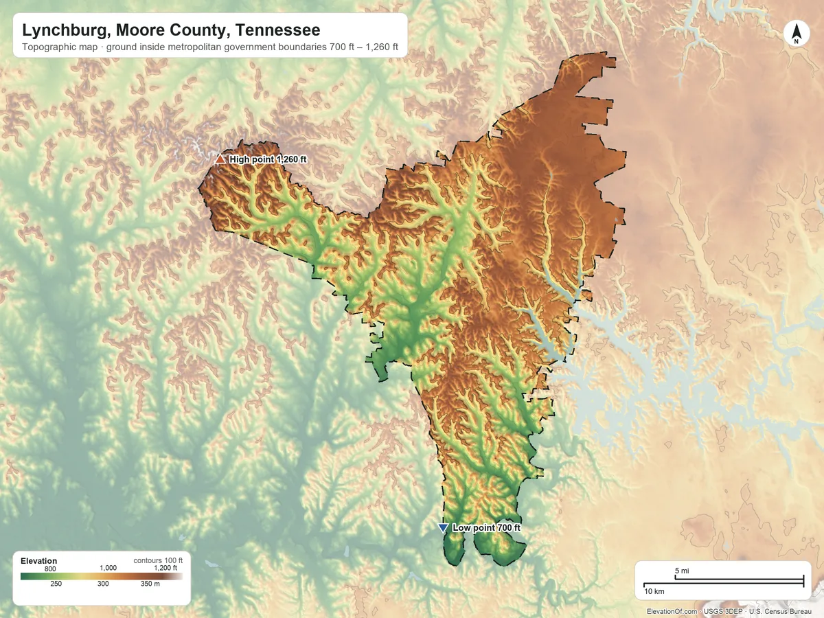 Topographic elevation map of Lynchburg, Moore County, Tennessee, shaded from 700 ft on the south side to 1,260 ft on the west side