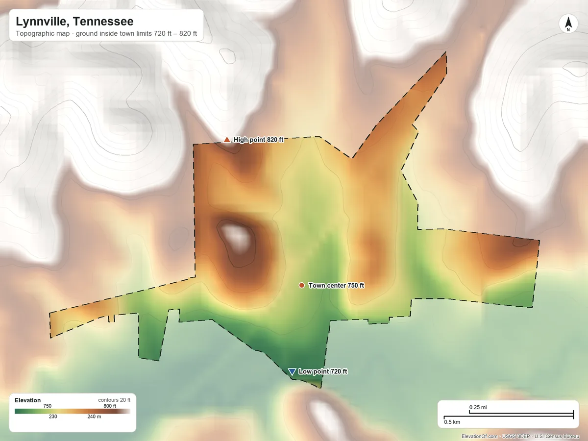 Topographic elevation map of Lynnville, Tennessee, shaded from 720 ft on the south side to 820 ft on the northwest side