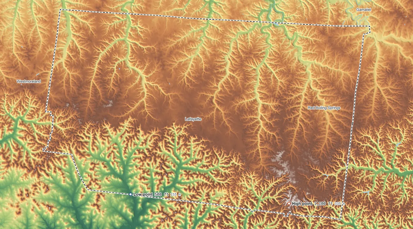 Topographic elevation map of Macon County, Tennessee, shaded from 500 ft on the southwest side to 1,100 ft on the southeast side