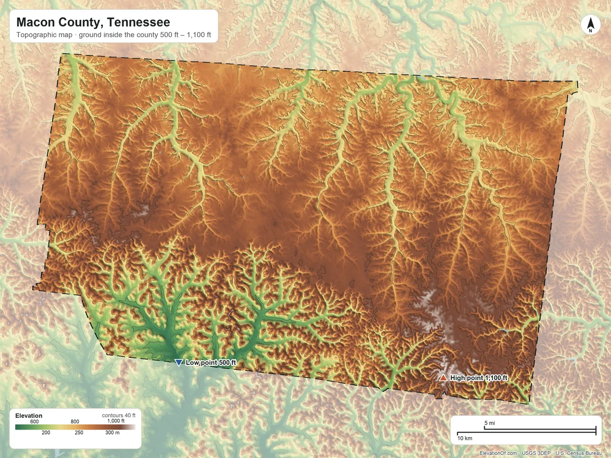 Topographic elevation map of Macon County, Tennessee, shaded from 500 ft on the southwest side to 1,100 ft on the southeast side