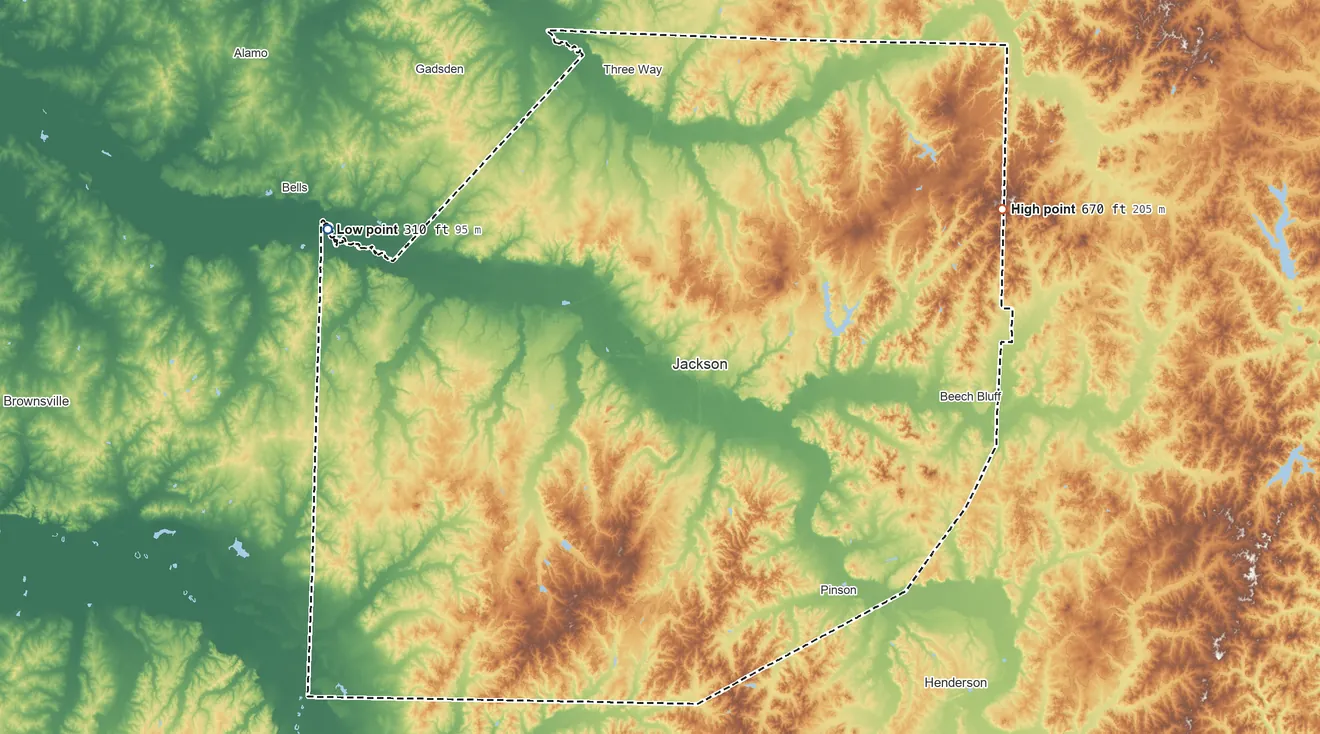 Topographic elevation map of Madison County, Tennessee, shaded from 310 ft on the northwest side to 670 ft on the northeast side