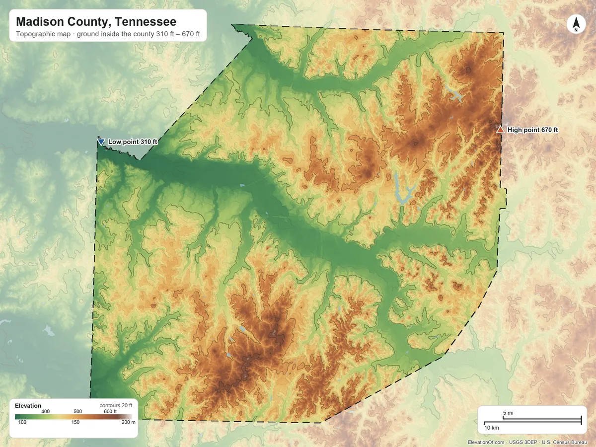 Topographic elevation map of Madison County, Tennessee, shaded from 310 ft on the northwest side to 670 ft on the northeast side