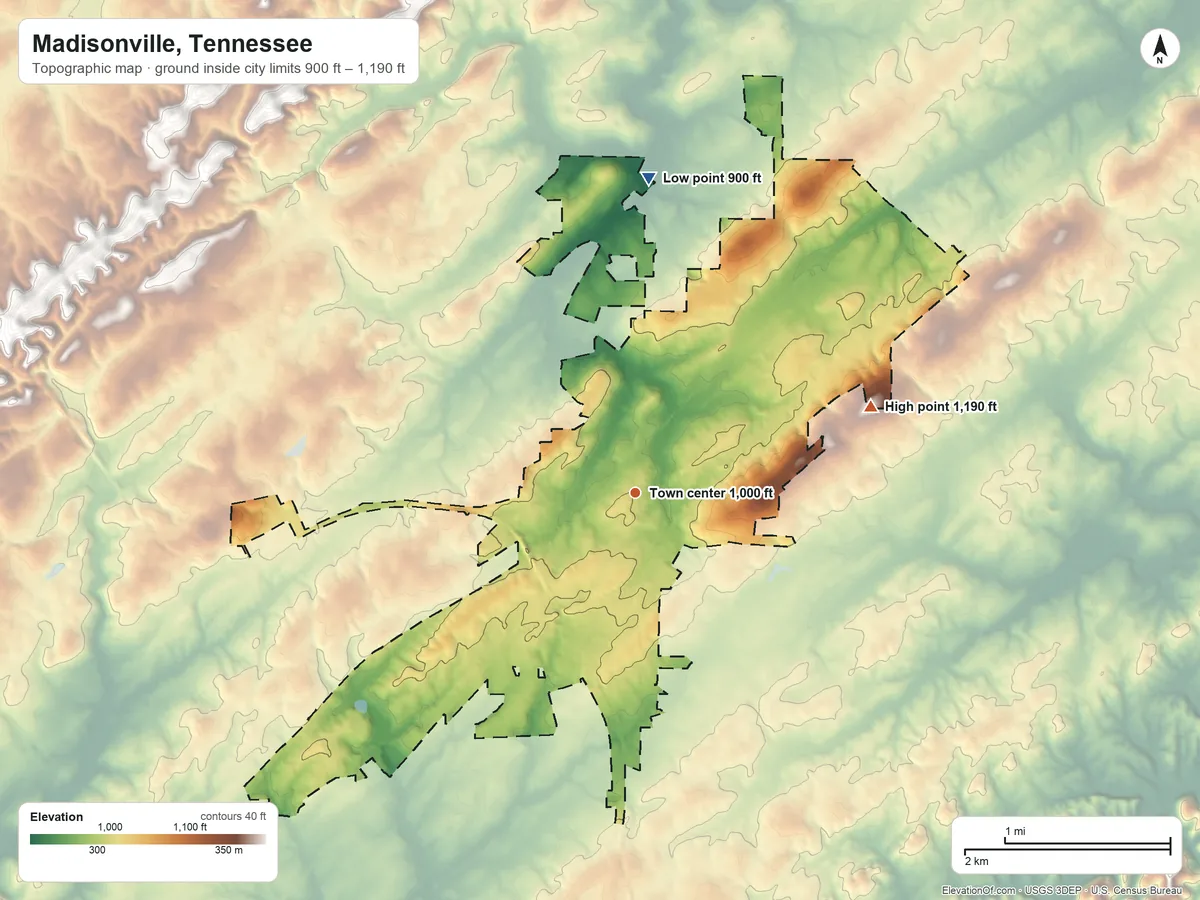 Topographic elevation map of Madisonville, Tennessee, shaded from 900 ft on the north side to 1,190 ft on the east side