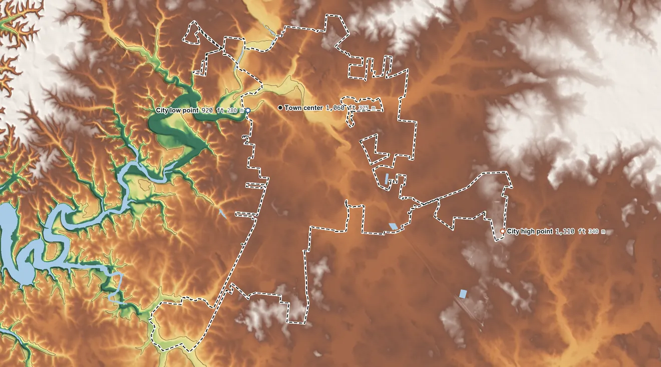 Topographic elevation map of Manchester, Tennessee, shaded from 920 ft near the middle to 1,110 ft on the southeast side