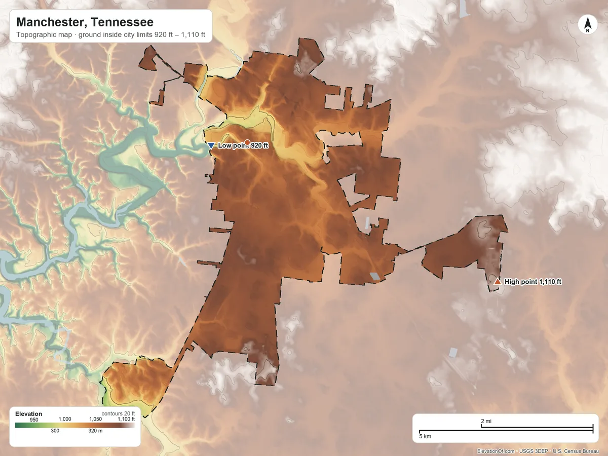 Topographic elevation map of Manchester, Tennessee, shaded from 920 ft near the middle to 1,110 ft on the southeast side