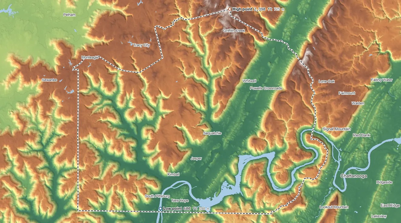 Topographic elevation map of Marion County, Tennessee, shaded from 600 ft on the south side to 2,390 ft on the north side