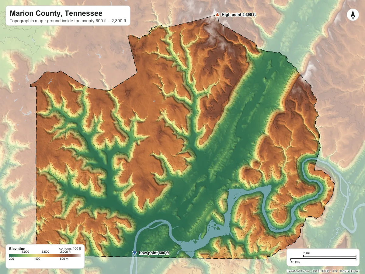 Topographic elevation map of Marion County, Tennessee, shaded from 600 ft on the south side to 2,390 ft on the north side