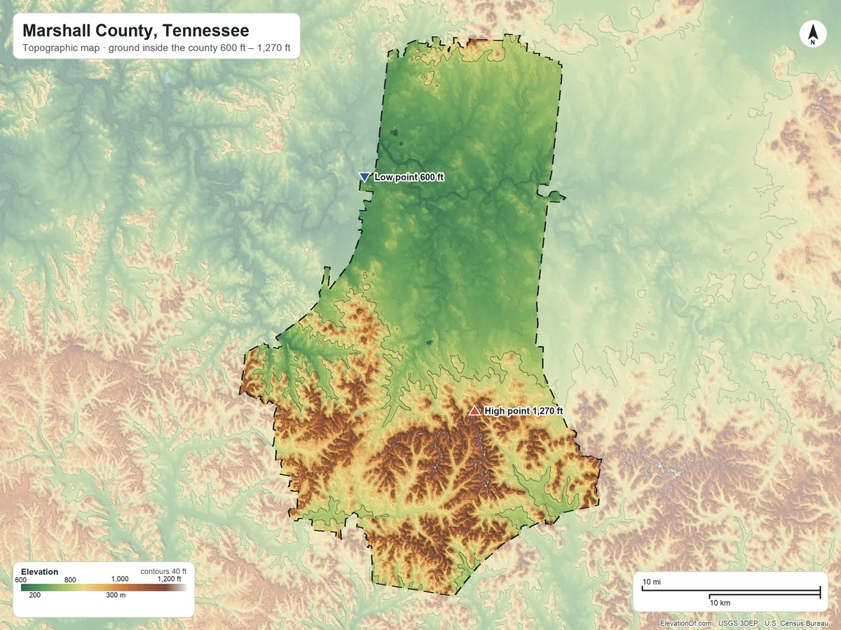 Topographic elevation map of Marshall County, Tennessee, shaded from 600 ft on the north side to 1,270 ft on the southeast side