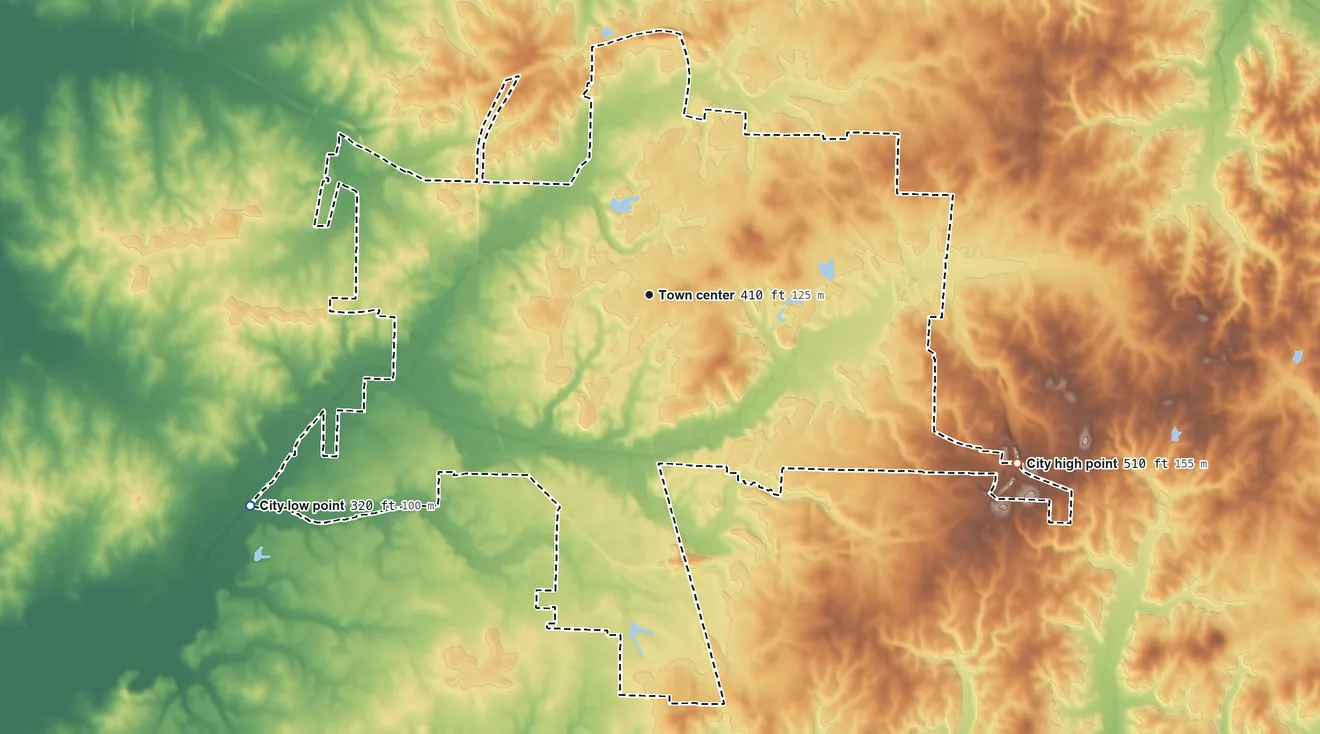 Topographic elevation map of Martin, Tennessee, shaded from 320 ft on the southwest side to 510 ft on the southeast side
