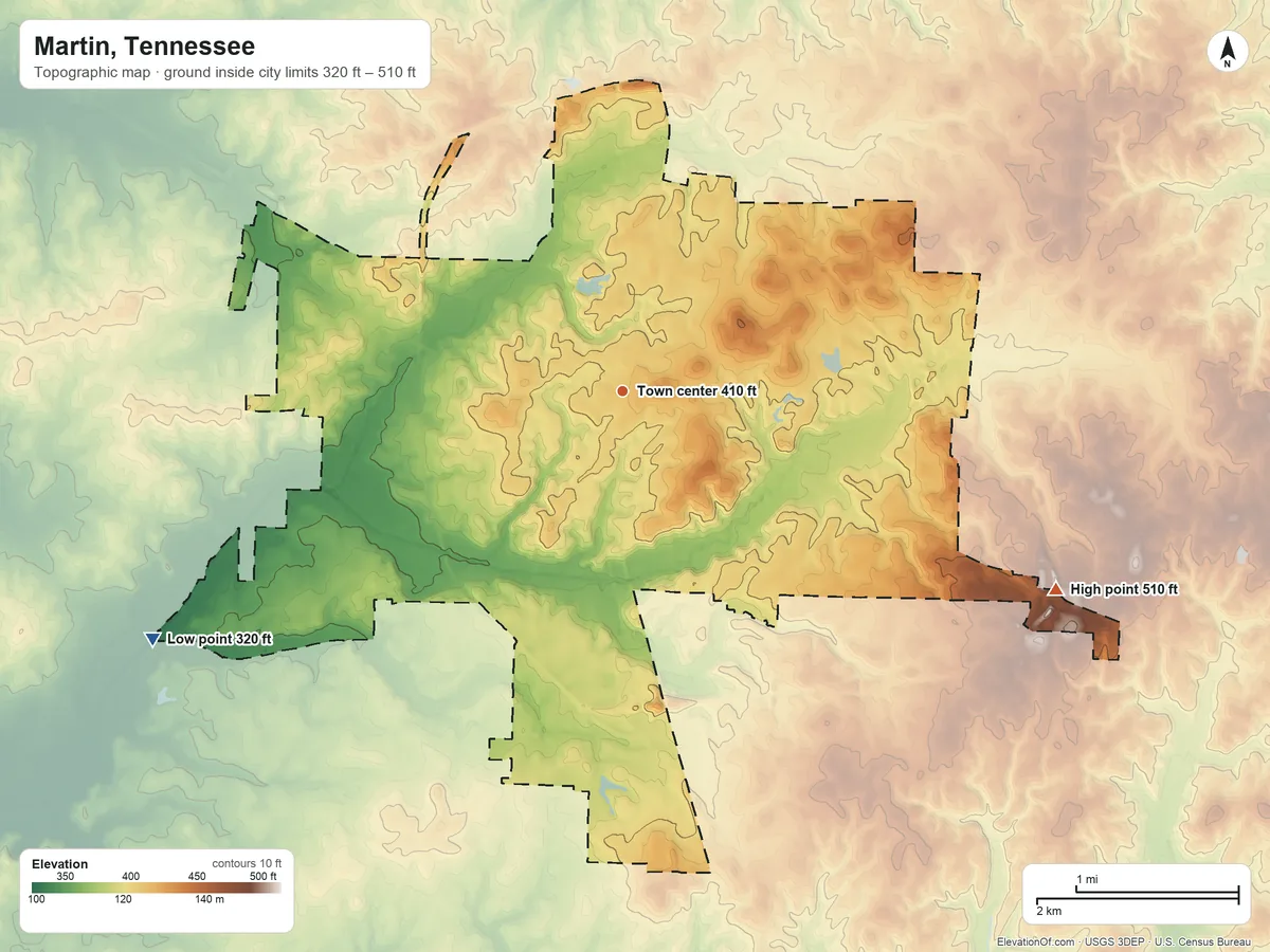 Topographic elevation map of Martin, Tennessee, shaded from 320 ft on the southwest side to 510 ft on the southeast side