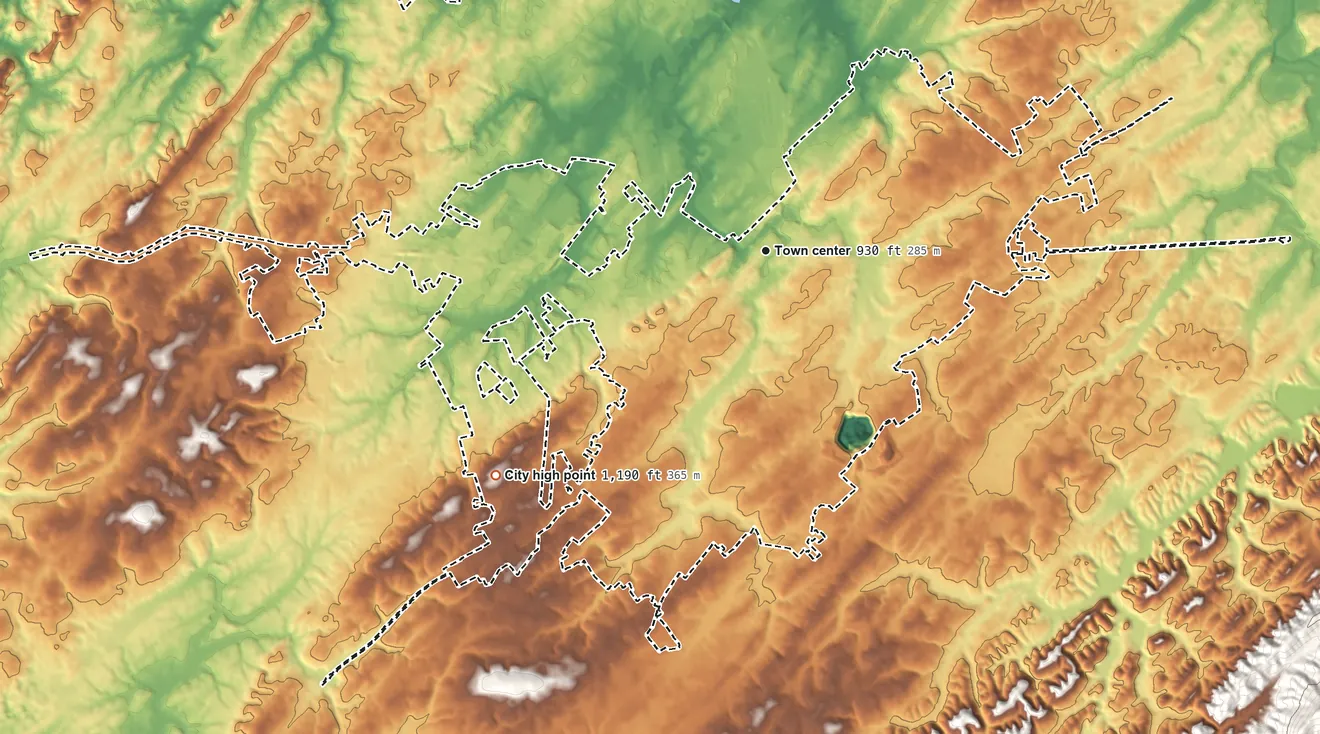Topographic elevation map of Maryville, Tennessee, shaded from 810 ft on the northwest side to 1,190 ft on the southwest side