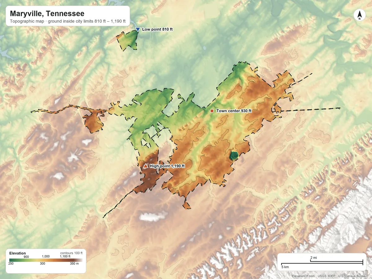 Topographic elevation map of Maryville, Tennessee, shaded from 810 ft on the northwest side to 1,190 ft on the southwest side