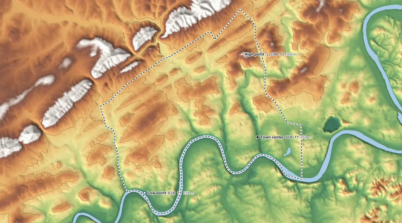 Topographic elevation map of Mascot, Tennessee, shaded from 820 ft on the southwest side to 1,190 ft at the foot of the Bays Mountain