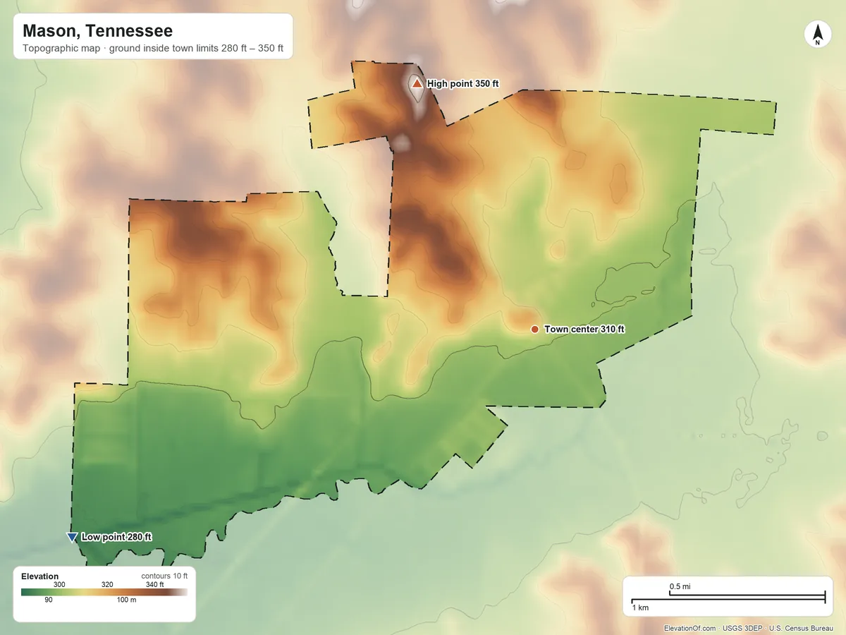 Topographic elevation map of Mason, Tennessee, shaded from 280 ft on the southwest side to 350 ft on the northwest side