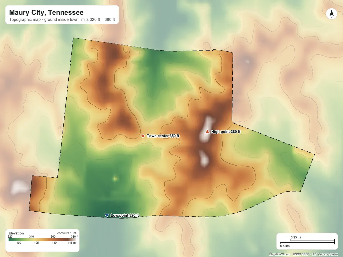 Topographic elevation map of Maury City, Tennessee, shaded from 320 ft on the southwest side to 380 ft on the east side