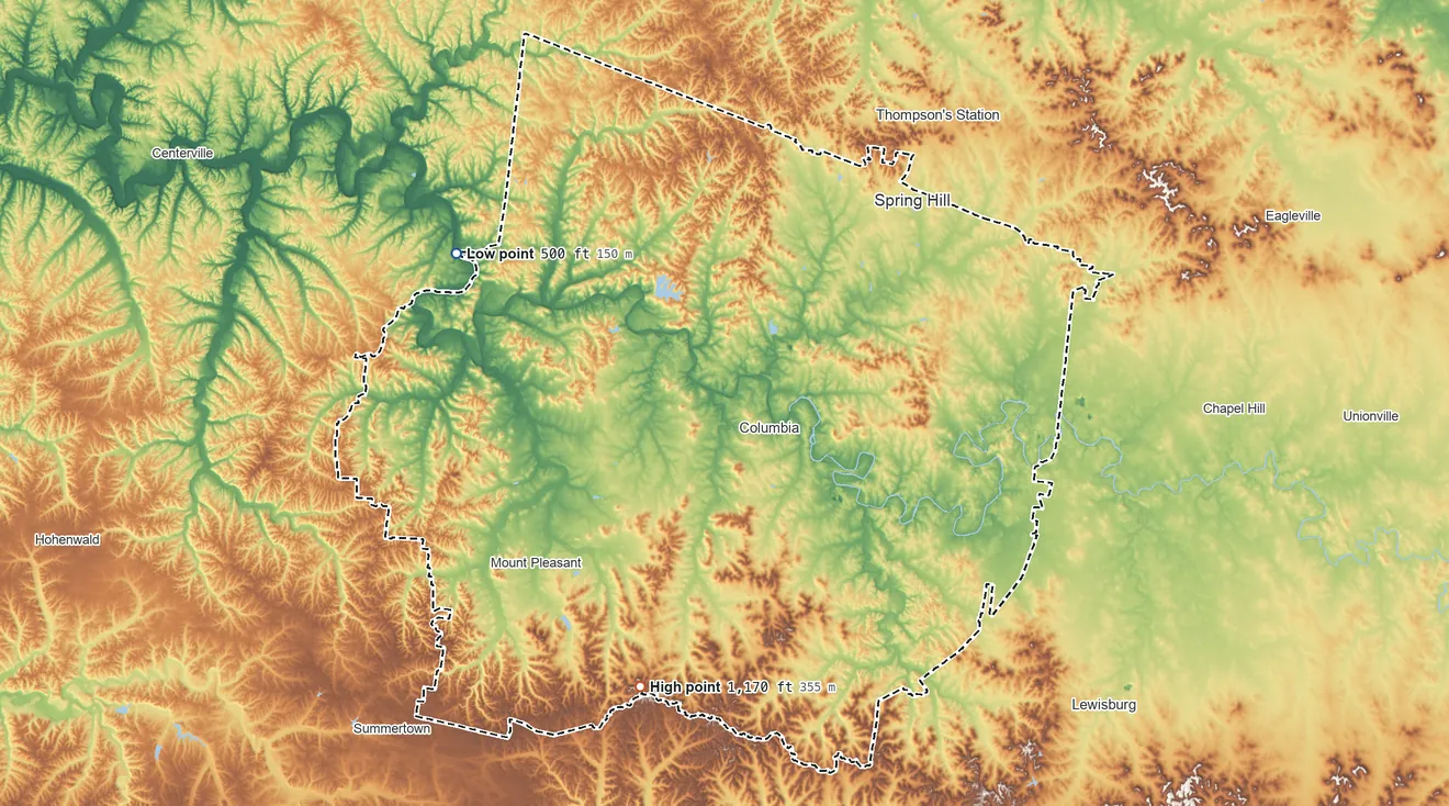 Topographic elevation map of Maury County, Tennessee, shaded from 500 ft on the northwest side to 1,170 ft on Flanigan Hill