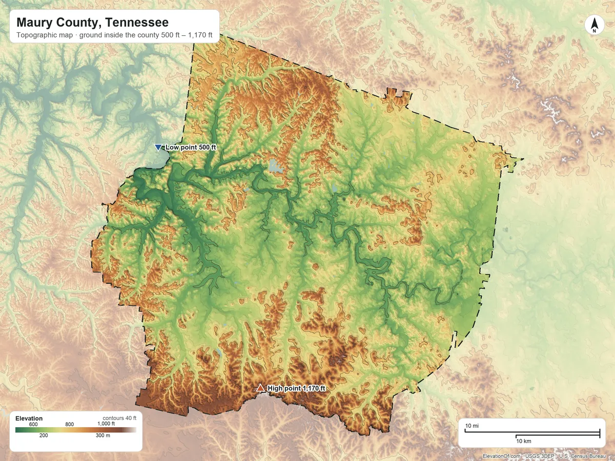 Topographic elevation map of Maury County, Tennessee, shaded from 500 ft on the northwest side to 1,170 ft on Flanigan Hill
