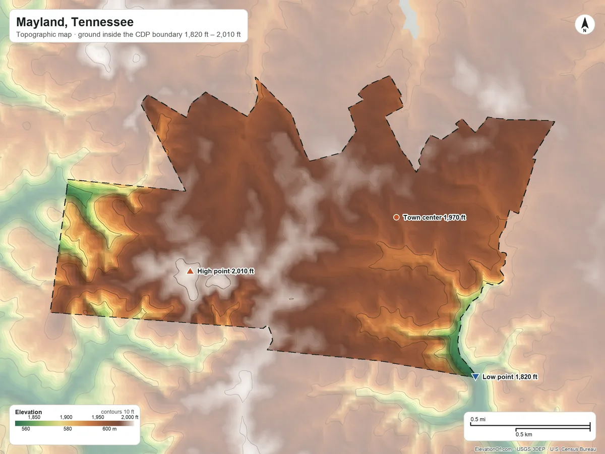 Topographic elevation map of Mayland, Tennessee, shaded from 1,820 ft on the southeast side to 2,010 ft on the west side