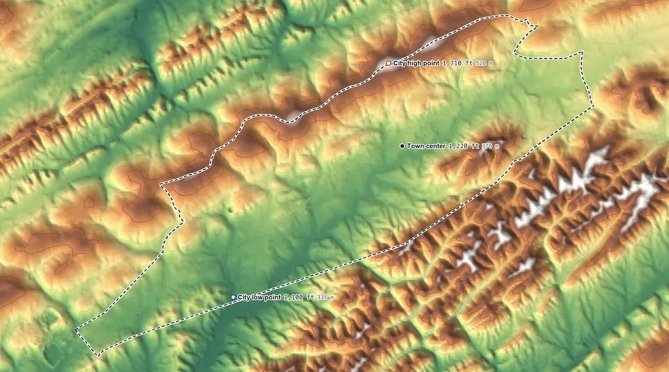 Topographic elevation map of Maynardville, Tennessee, shaded from 1,100 ft on the southwest side to 1,710 ft on the north side