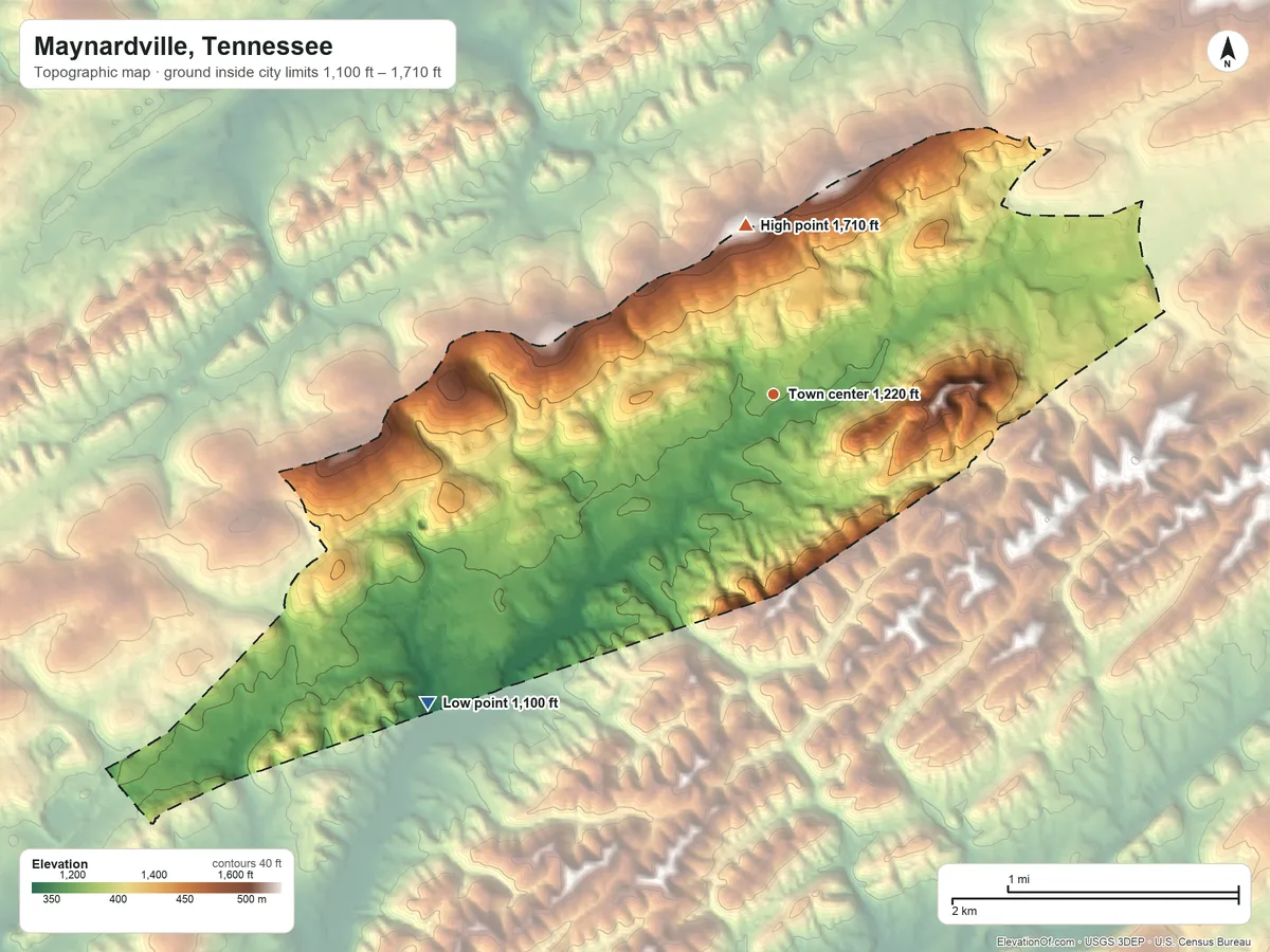Topographic elevation map of Maynardville, Tennessee, shaded from 1,100 ft on the southwest side to 1,710 ft on the north side