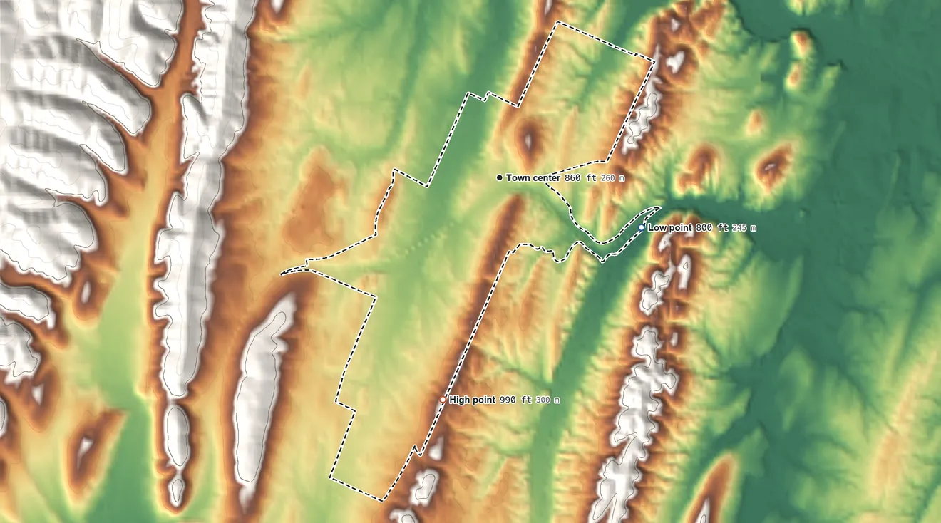 Topographic elevation map of McDonald, Tennessee, shaded from 800 ft on the east side to 990 ft on the south side