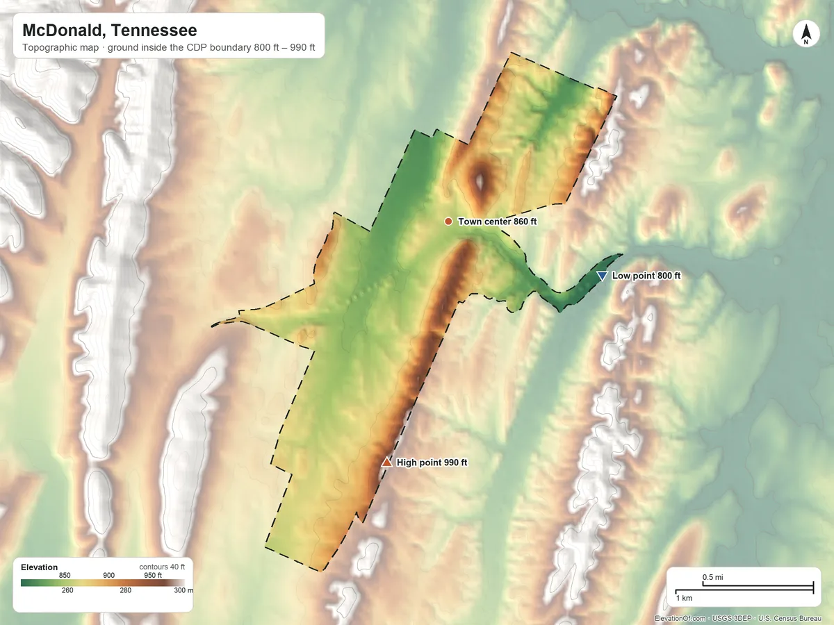 Topographic elevation map of McDonald, Tennessee, shaded from 800 ft on the east side to 990 ft on the south side
